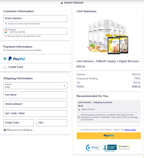Joint Genesis secure checkout page with cart summary and PayPal or credit card payment