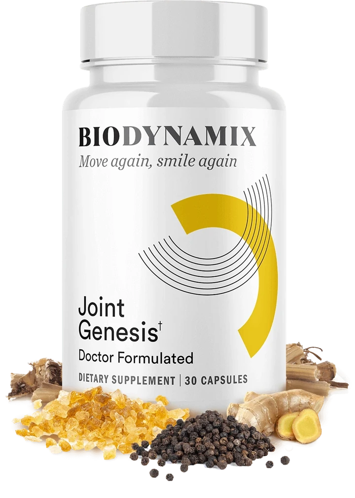 Joint Genesis bottle with Boswellia, BioPerine black pepper, ginger root and pine bark ingredients